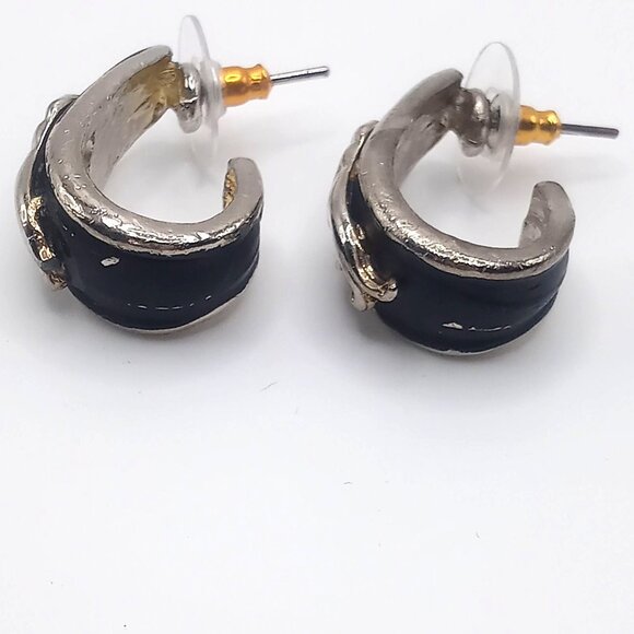 Panther Earrings Black Enamel Silver-Tone Pierced Back Open Half Hoop 1"Earrings - Picture 7 of 11